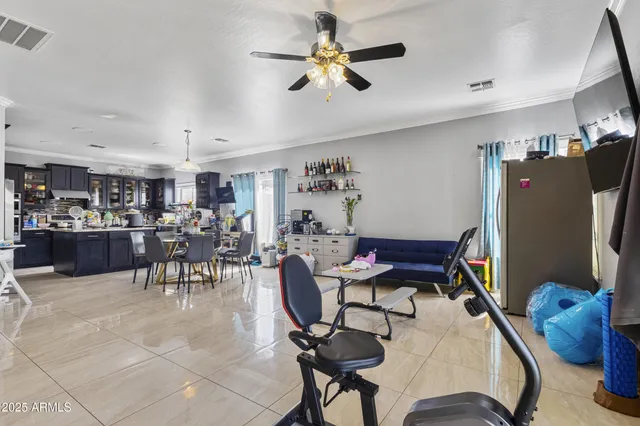a view of a dining room with furniture