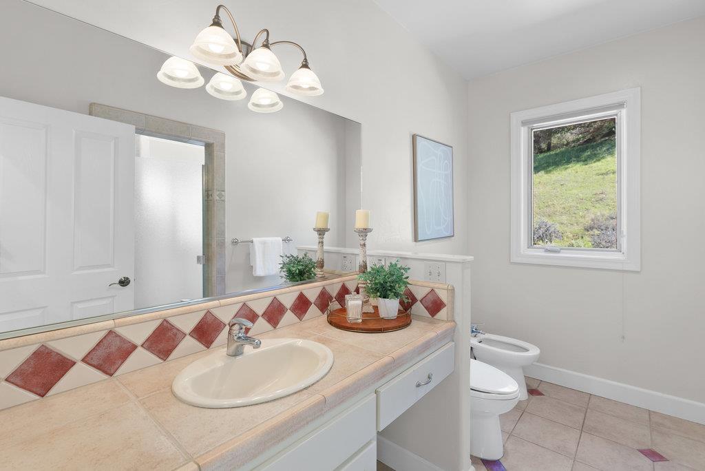 4575 Paul Sweet Road Soquel, CA 95073 - Photo 27 of 55 a bathroom with a granite countertop sink a toilet and a mirror