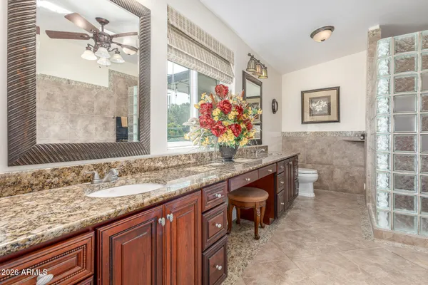a bathroom with a granite countertop sink a toilet and a mirror