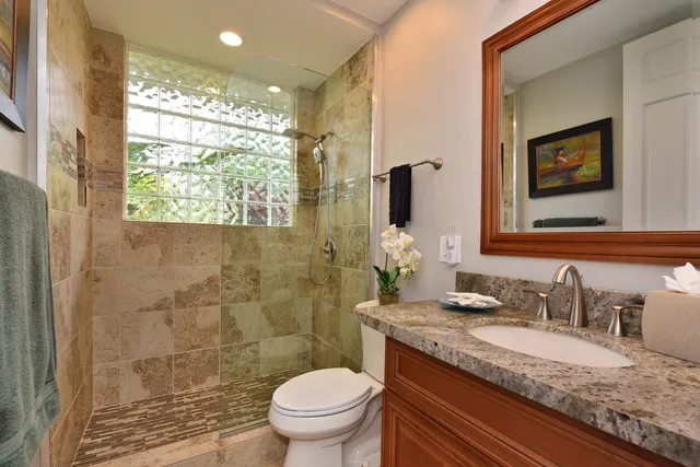 a bathroom with a granite countertop sink toilet and shower