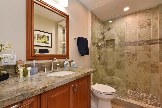 a bathroom with a granite countertop sink toilet and shower