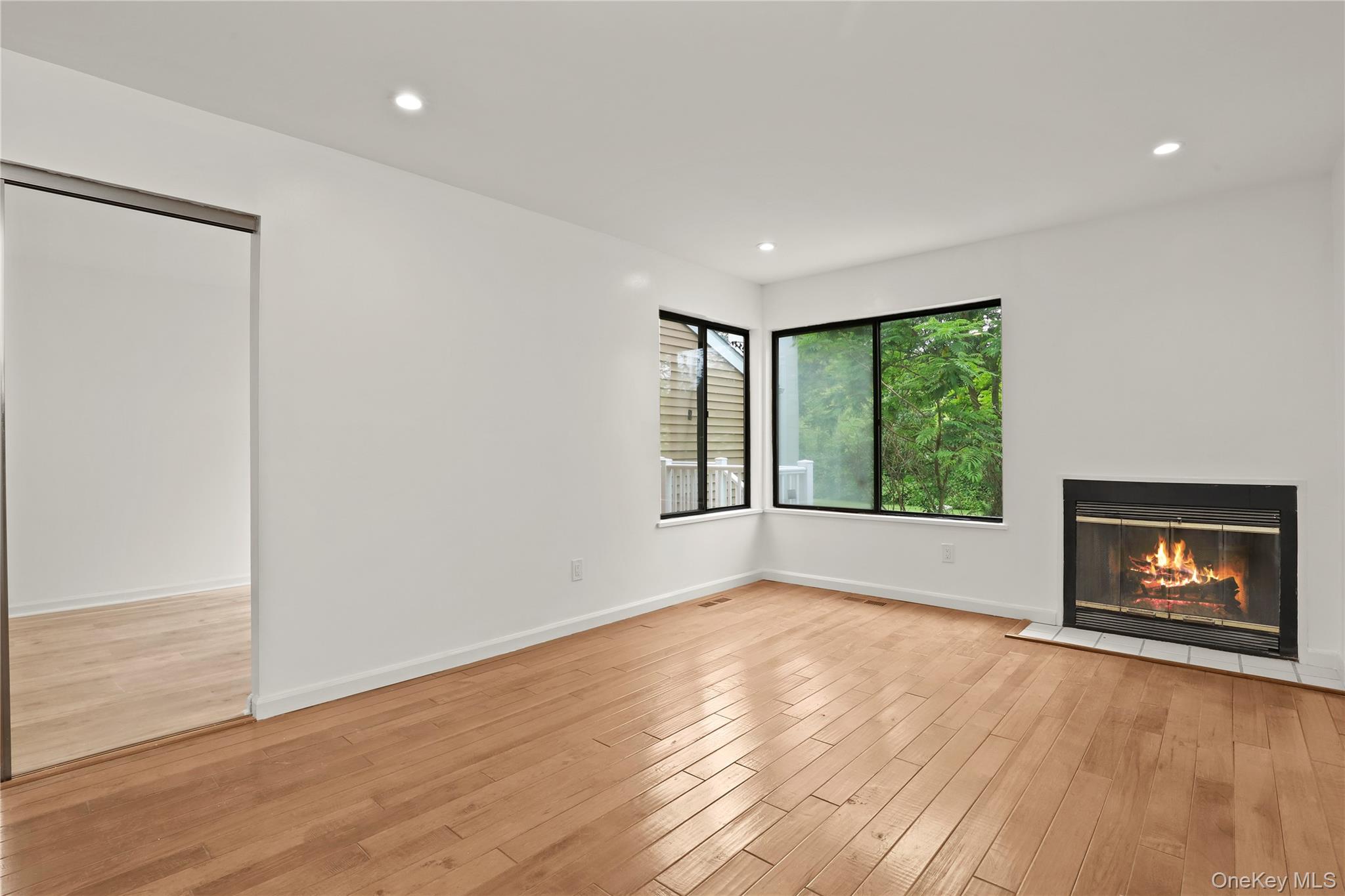 41 Rambling Brook Road Chappaqua, NY 10514 - Photo 11 of 29 Unfurnished living room featuring light wood-type flooring, a glass covered fireplace, baseboards, and recessed lighting
