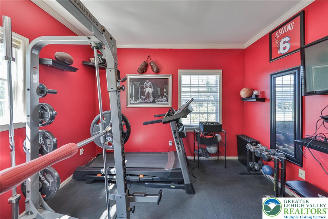 63 Long Road Lenhartsville, PA 19534 - Photo 64 of 100 Crisp crown molding accents this versatile dedicated home workout space.