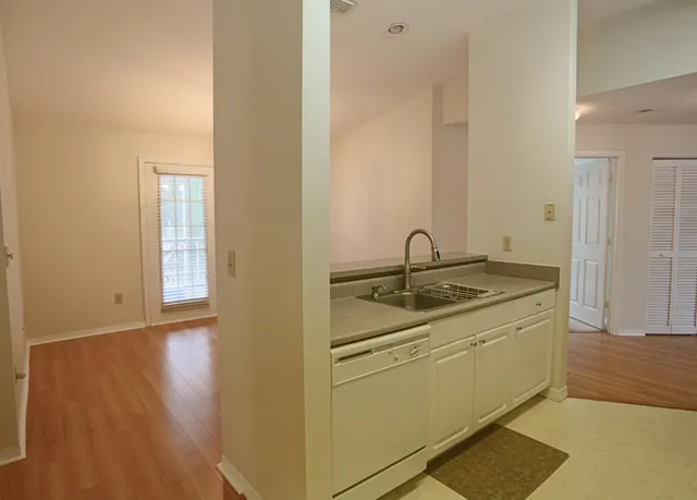 a view of a sink and dishwasher with wooden floor