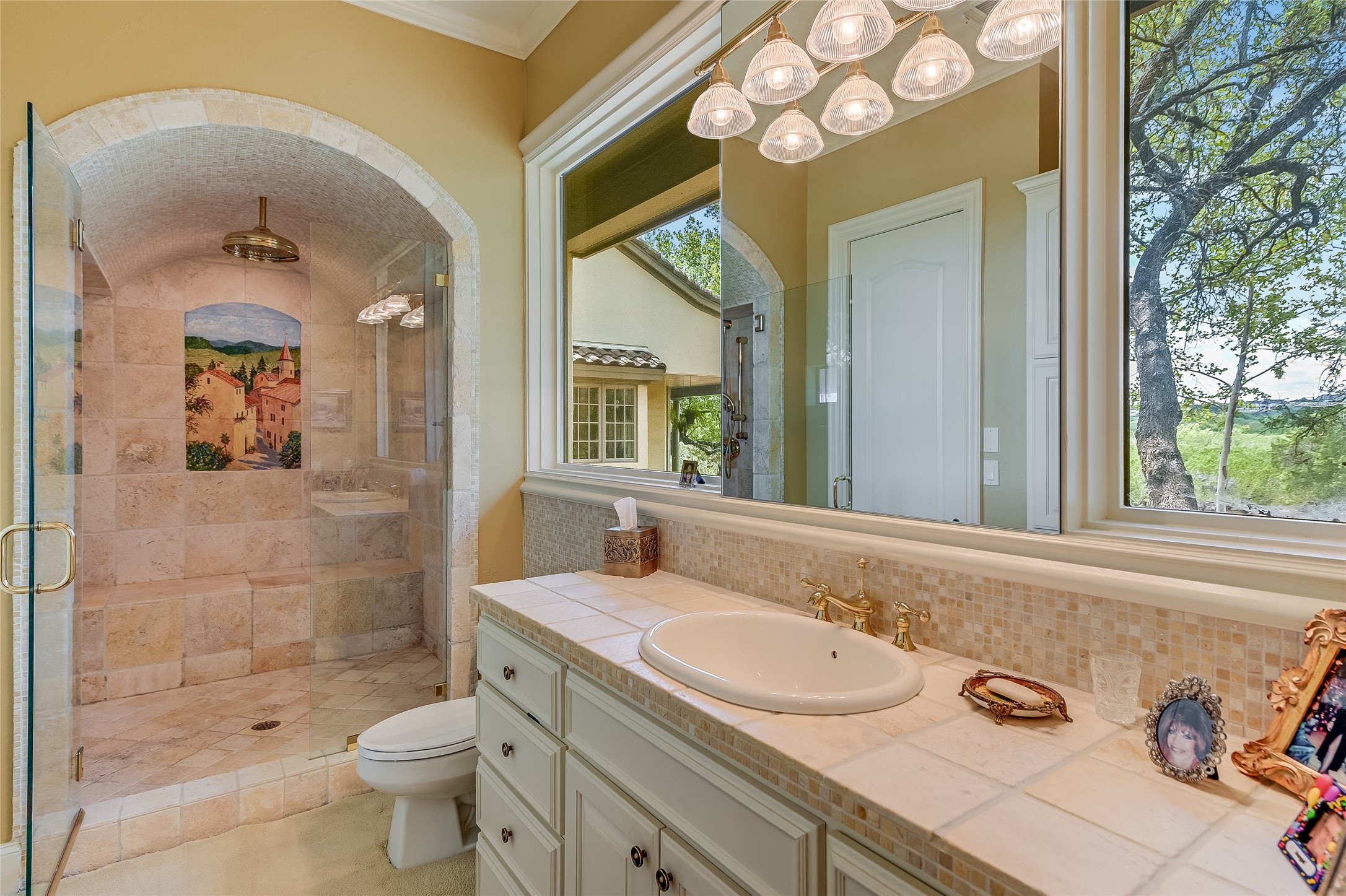 8611 Young Lane Austin, TX 78737 - Photo 19 of 40 a bathroom with a granite countertop sink a toilet a mirror and shower