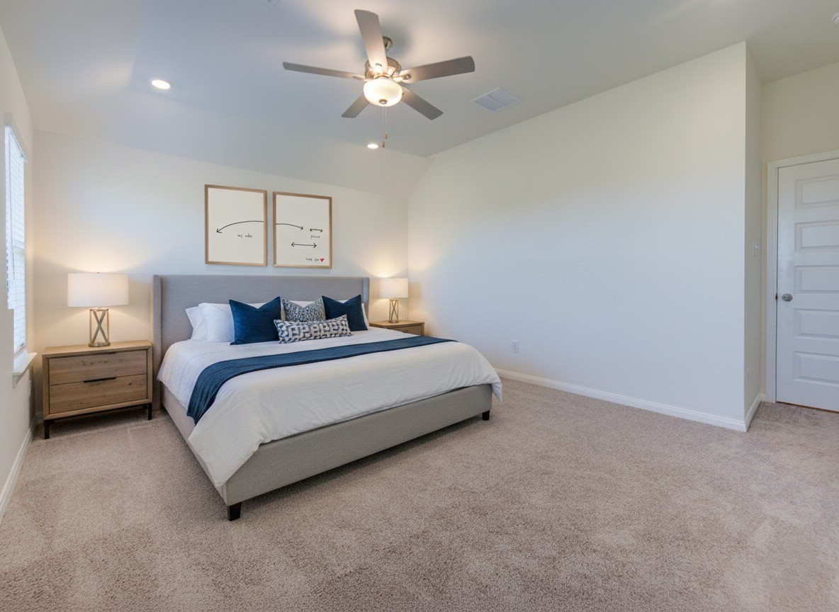 21707 Cypress Trellis Drive Cypress, TX 77433 - Photo 14 of 24 a bedroom with a bed and a chandelier