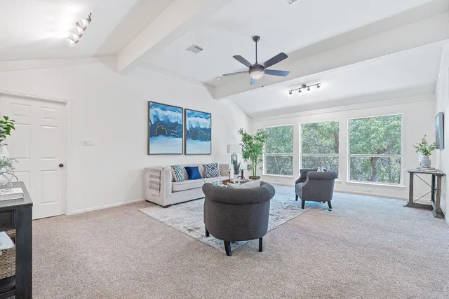 a living room with furniture and a potted plant