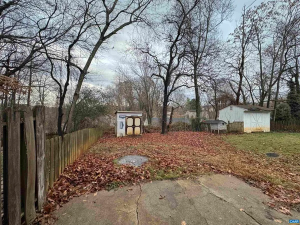 a view of a backyard with large trees