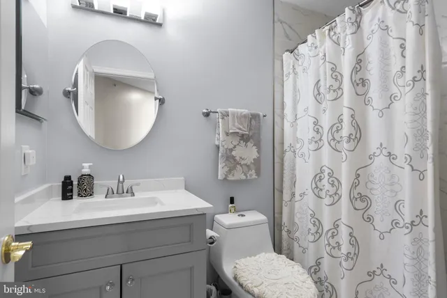 a bathroom with a toilet sink vanity and mirror