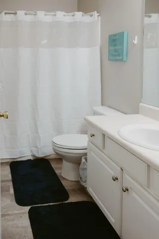 a bathroom with a sink a toilet a vanity and mirror