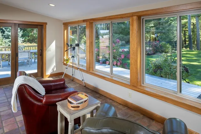 a living room with furniture and a floor to ceiling window