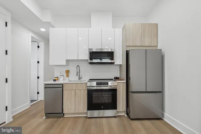 a kitchen with cabinets and stainless steel appliances