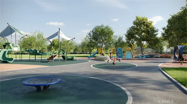 a view of a park with large trees