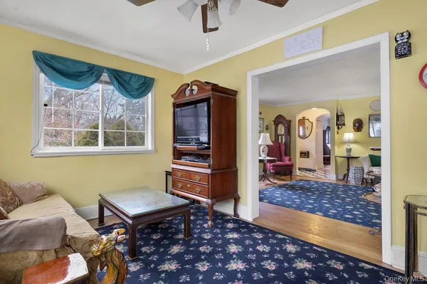 a living room with furniture rug and window