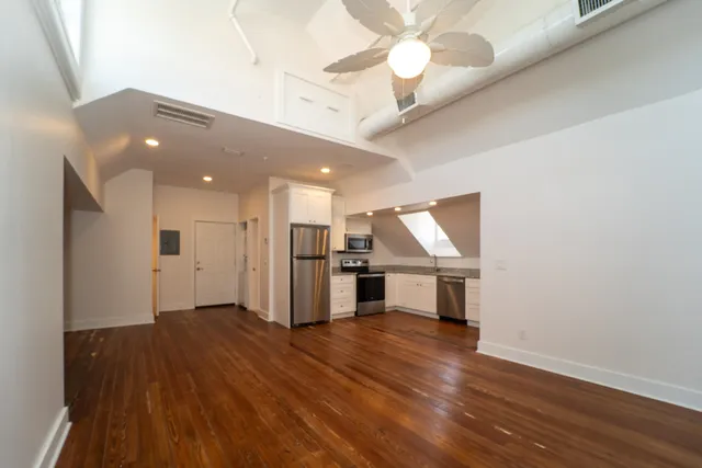 a view of a room with racks on the wall