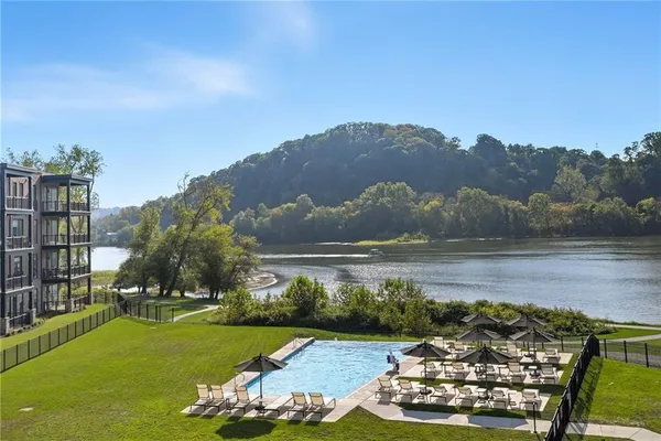 a view of a lake with a mountain in the background