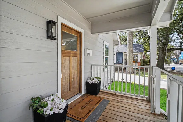 a porch with seating space