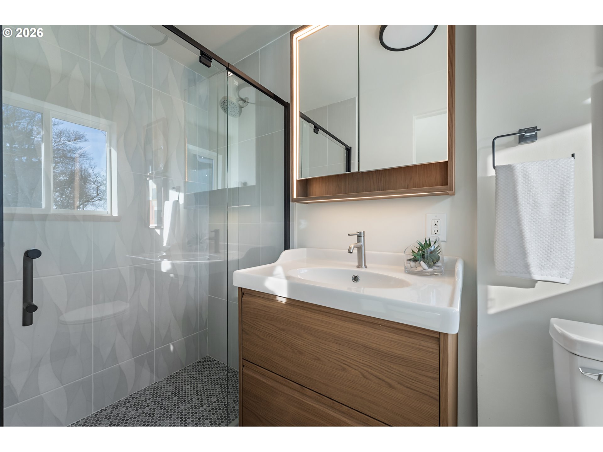 2437 Northeast 134th Place Portland, OR 97230 - Photo 26 of 40 a bathroom with a sink a mirror and a shower
