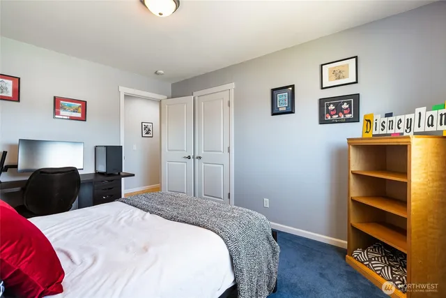 a bedroom with a bed and a closet