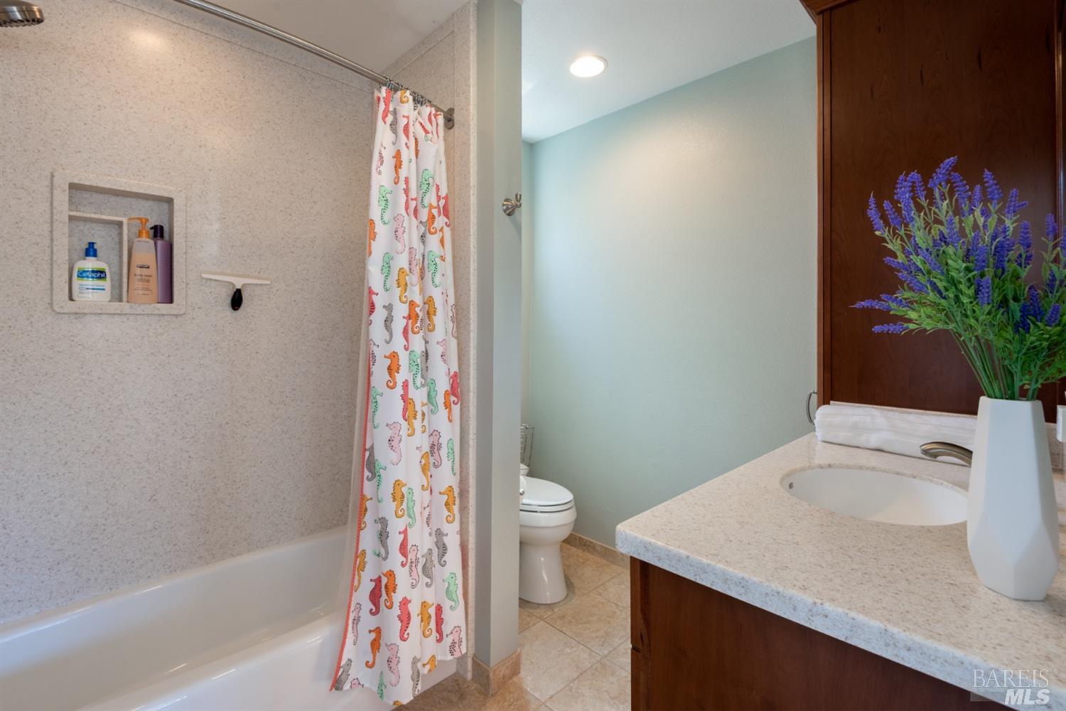 4133 Orr Ranch Road Santa Rosa, CA 95404 - Photo 43 of 50 a bathroom with a sink a toilet and shower curtain