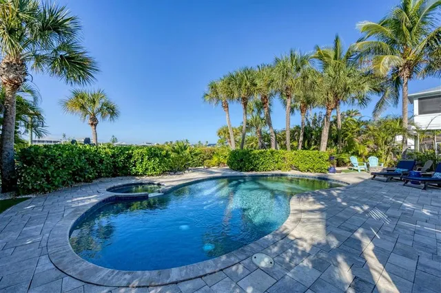 a view of a backyard with swimming pool