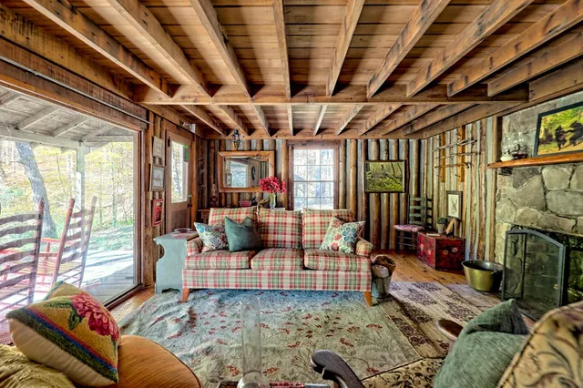 a view of a yard with plants and trees