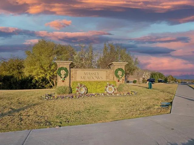a view of a park with houses
