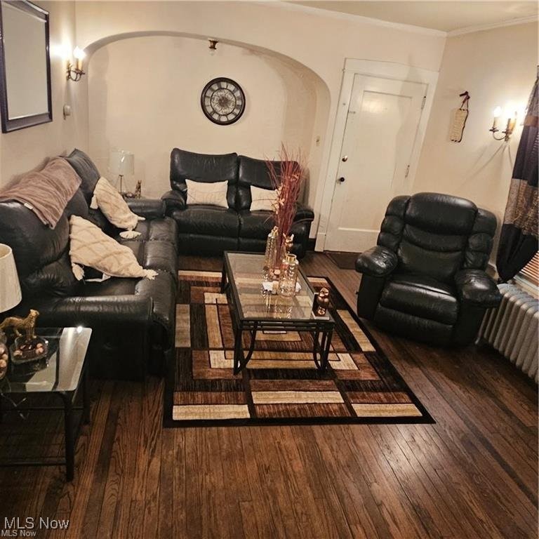 3114 Neosho Road Youngstown, OH 44511 - Photo 19 of 25 1st floor unit Living area with dark wood-style flooring, arched walkways, radiator, and ornamental molding