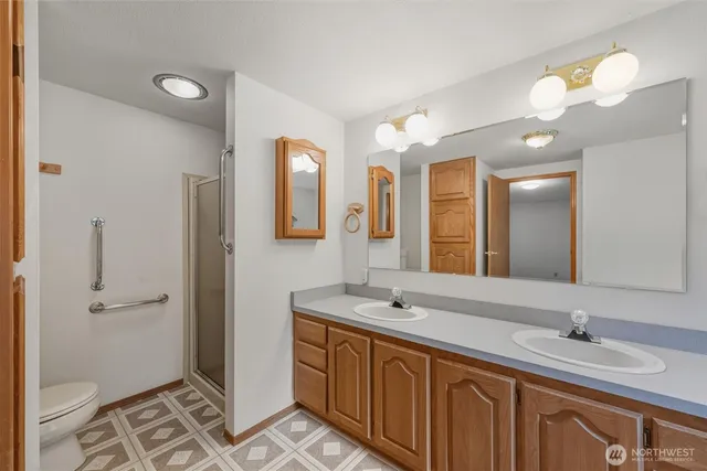 a bathroom with a double vanity sink mirror and toilet