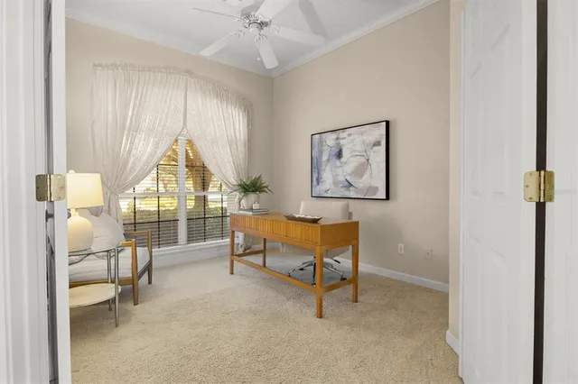 a view of a dining room with furniture