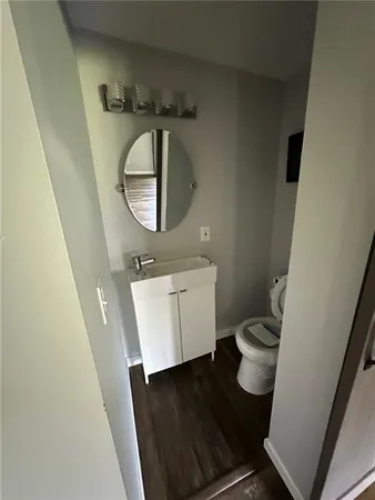 a bathroom with a sink a toilet a mirror and vanity