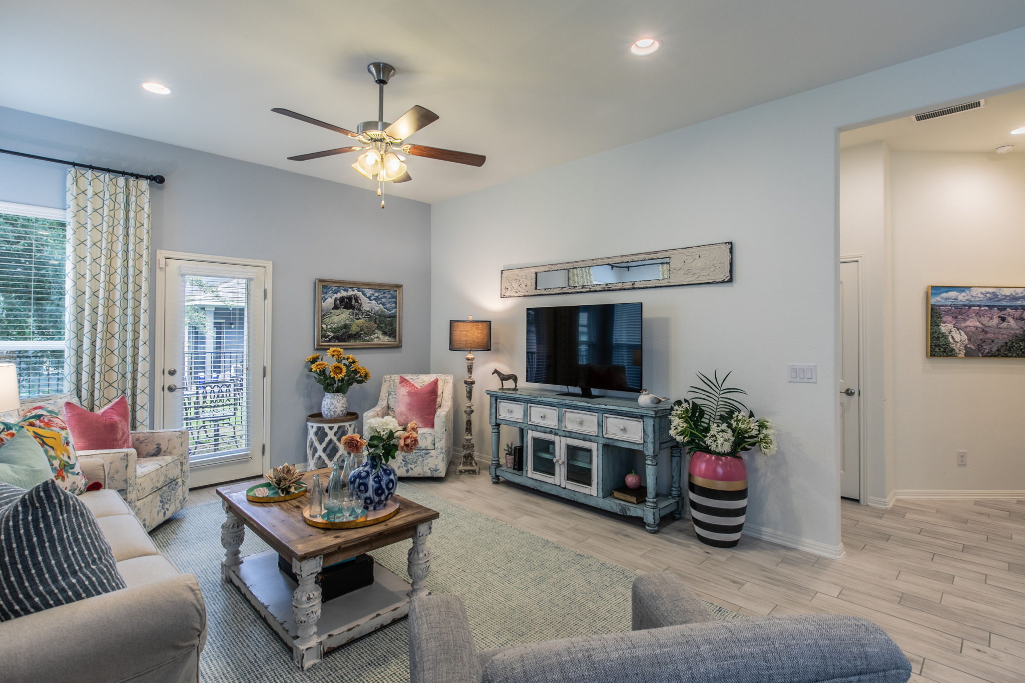 231 Simon Kyle, TX 78640 - Photo 6 of 29 Living area featuring light-toned walls, recessed lighting, and a ceiling fan with light fixture