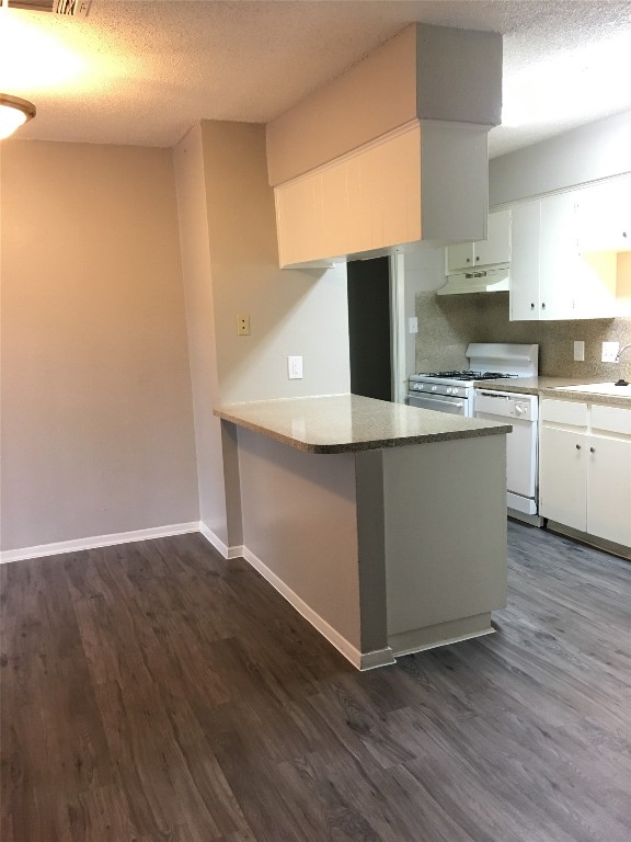6504 South 1st Street, Unit 104 Austin, TX 78745 - Photo 2 of 5 a kitchen with stainless steel appliances granite countertop a sink a stove a microwave a sink and white cabinets with wooden floor