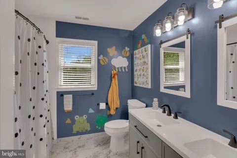 a bathroom with a sink a toilet and mirror