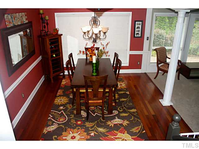5009 Raintree Court Raleigh, NC 27609 - Photo 8 of 23 a view of a dining room with furniture a chandelier and wooden floor