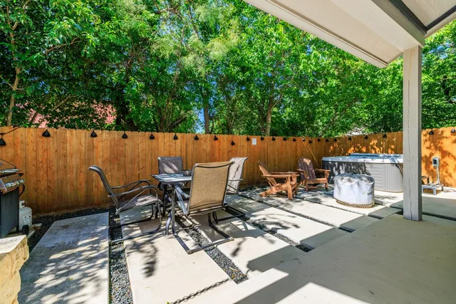 an outdoor space with seating area