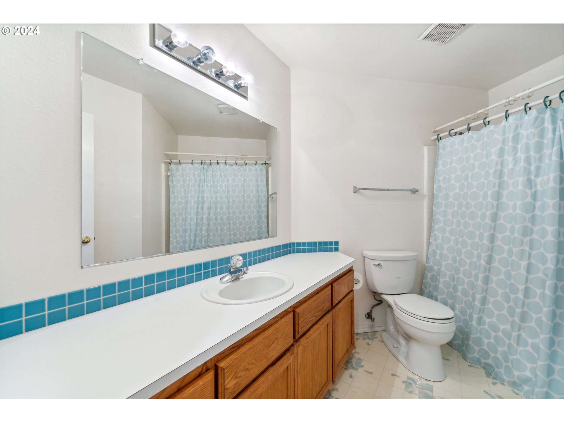 527 Southwest 27th Way Troutdale, OR 97060 - Photo 31 of 41 a bathroom with a sink a toilet a mirror and shower curtain