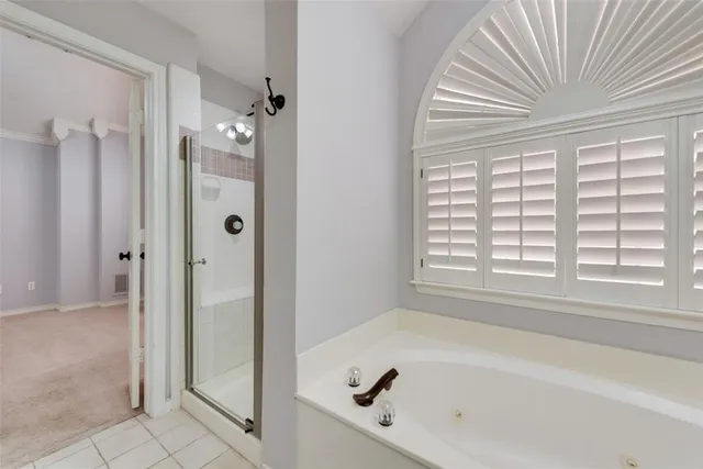 a bathroom with a bathtub and shower