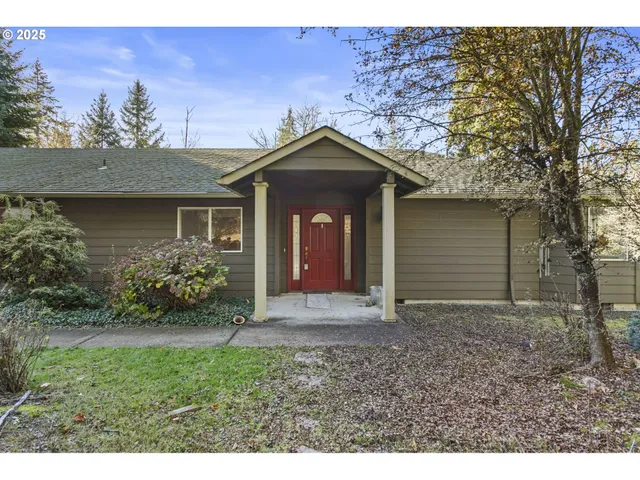 a view of a house with a yard and potted plants