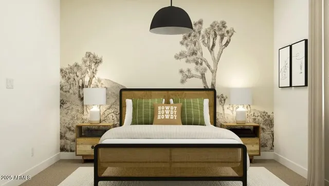 a bedroom with a bed and a painting on the wall