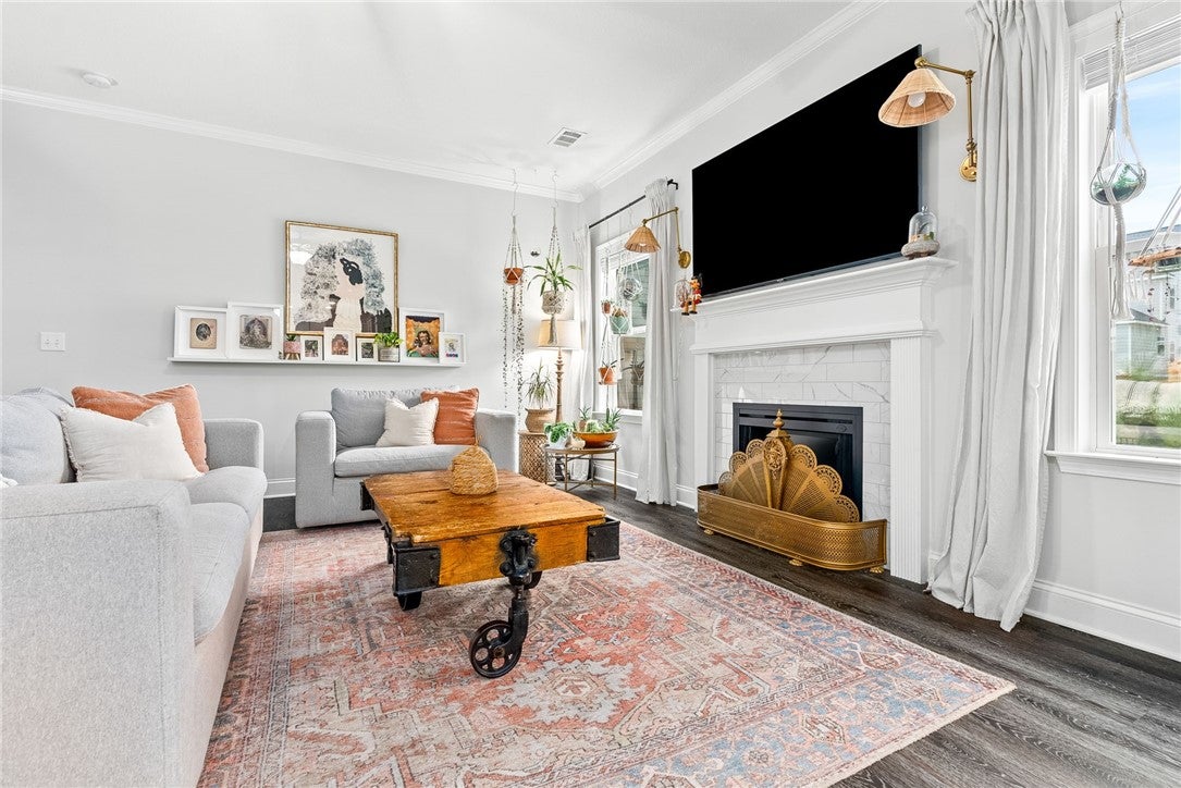 The fireplace makes the great room cozy and inviting