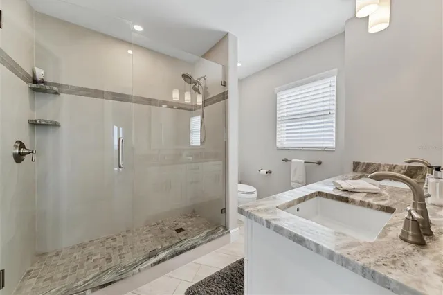 a bathroom with a granite countertop sink a toilet and shower