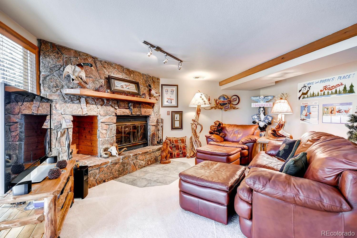 8045 Native Dancer Trail Evergreen, CO 80439 - Photo 21 of 29 a living room with furniture a flat screen tv and a fireplace