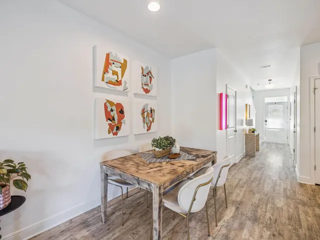 a view of a dining room with furniture