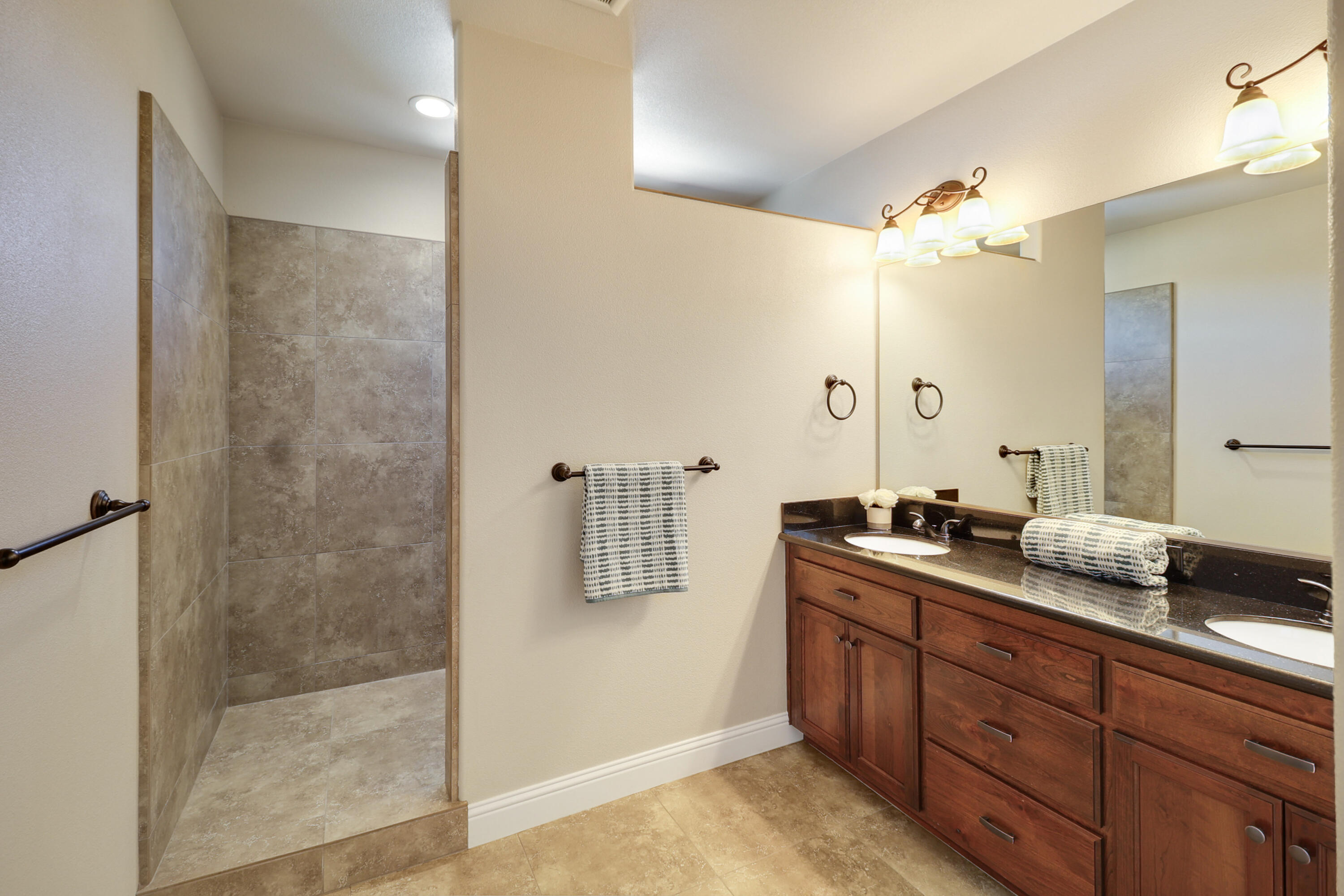 3863 Indian Wells Lane Redding, CA 96002 - Photo 31 of 63 a bathroom with a double vanity sink mirror and shower
