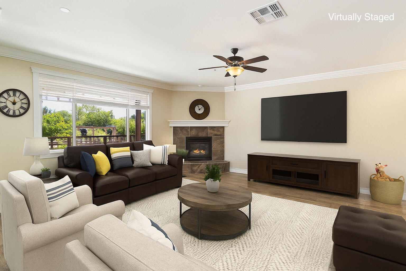 3863 Indian Wells Lane Redding, CA 96002 - Photo 6 of 63 a living room with furniture a fireplace and a flat screen tv