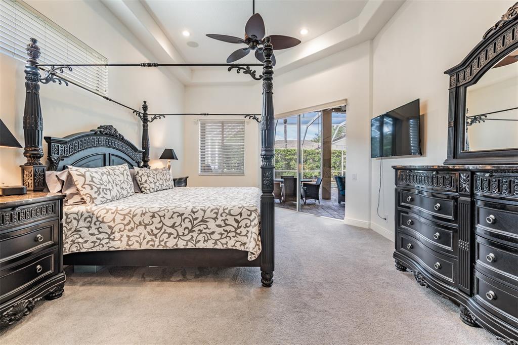 3727 Janus Way Palm Harbor, FL 34685 - Photo 23 of 98 a bedroom with a bed a flat screen tv and a chandelier