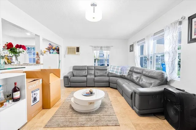 a living room with furniture and a potted plant