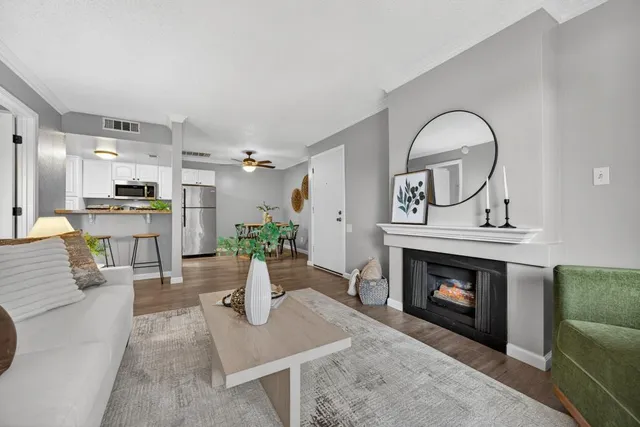 a living room with furniture and a fireplace