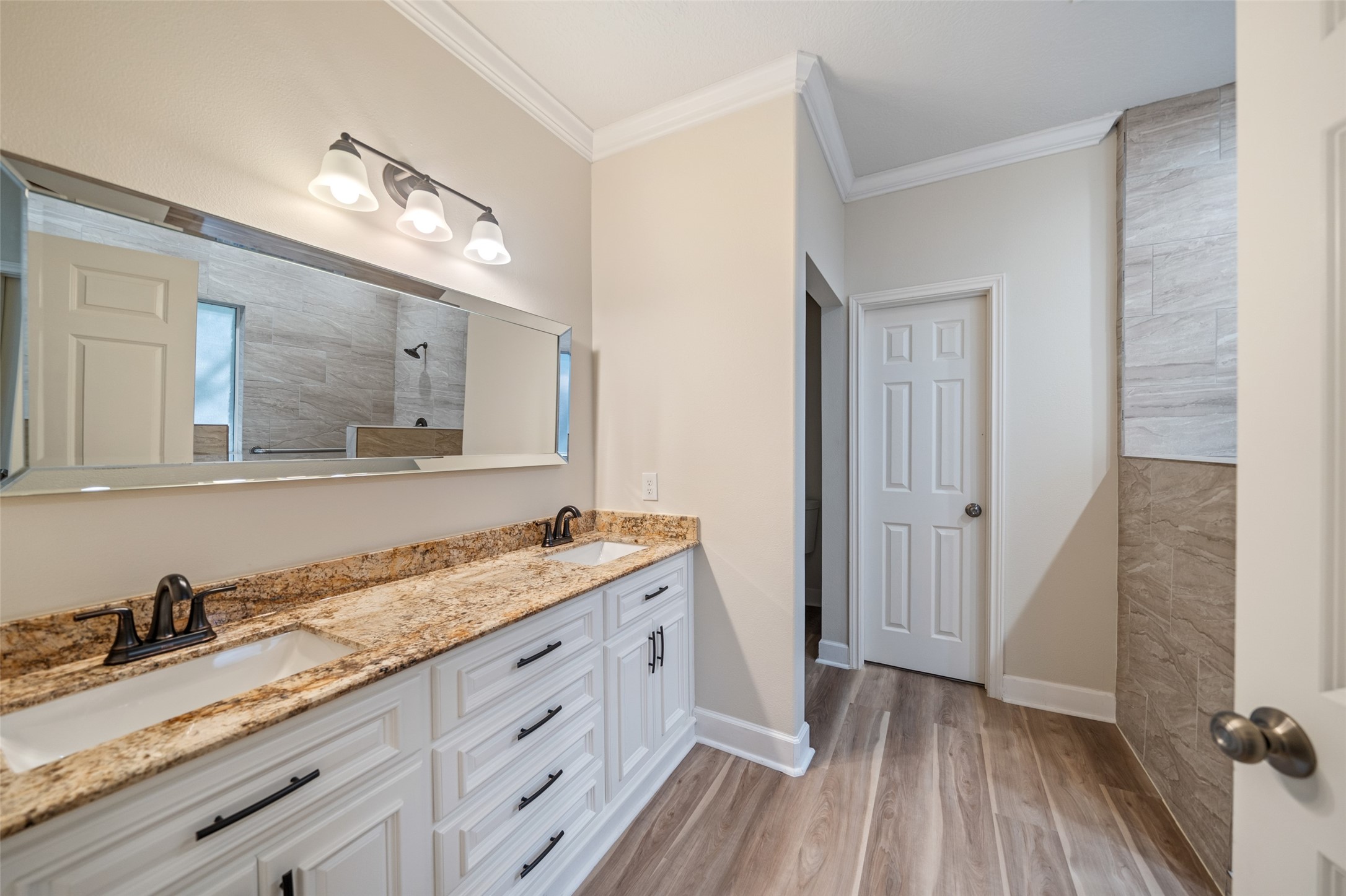29627 Spring Forest Drive Spring, TX 77386 - Photo 20 of 35 a bathroom with a granite countertop double vanity sink and mirror